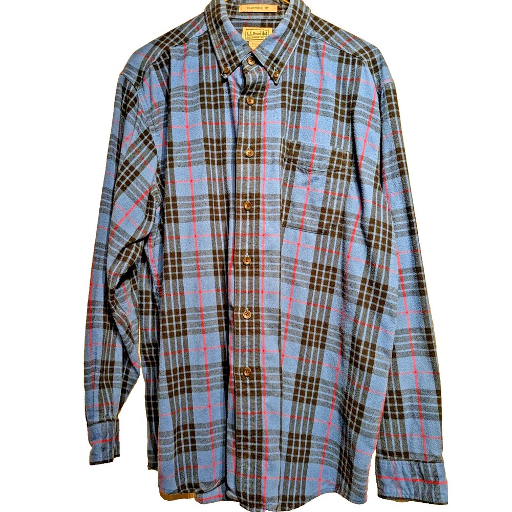 VTG LL Bean Men Traditional Fit Plaid Blue/Red Holiday Flannel Shirt Sz L Cotton - Picture 1 of 16